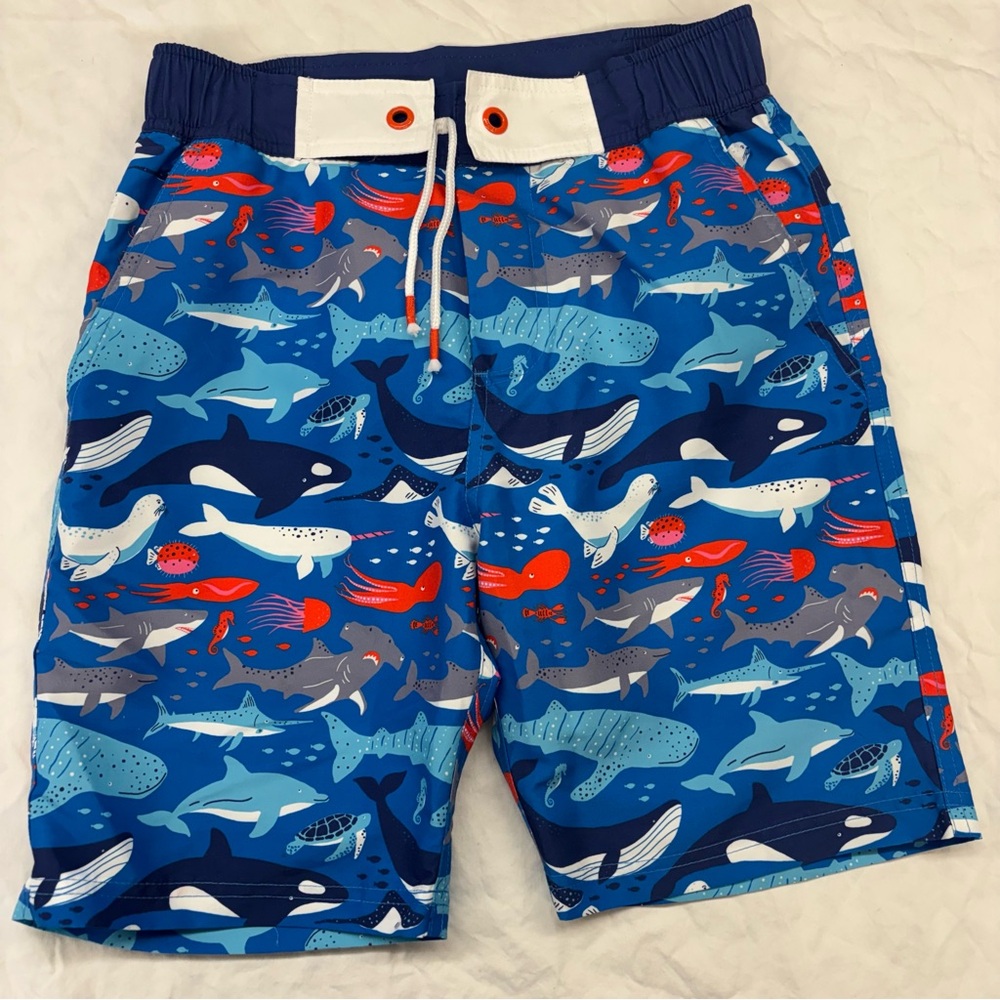 Mini Boden Boys Whale Swim Trunks Board‎ Shorts Blue Red